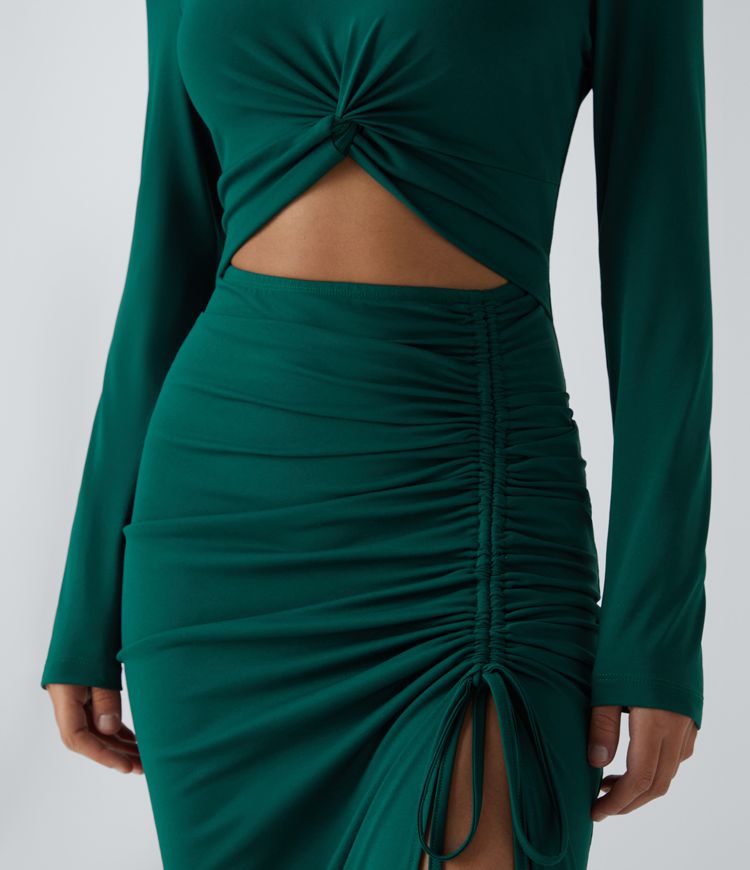 Round Neck Long Sleeve Cut Out Ruched Drawstring Hem Bodycon Maxi Casual Dress