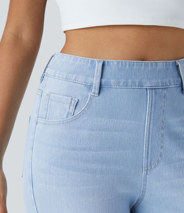 Halara Flex™ Verwaschene Bootcut-Jeans aus elastischem Strick-Denim mit hohem Bund und mehreren Taschen