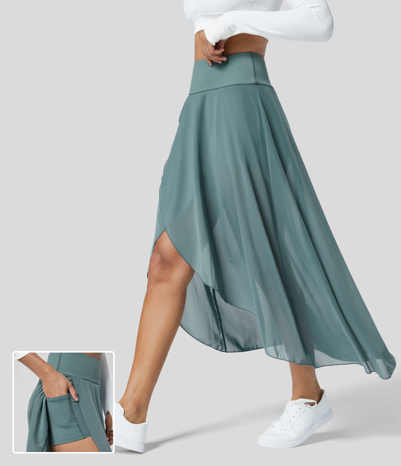 High Waisted High Low Ruffle 2-in-1 Pocket Flare Mesh Casual Regular Maxi Skirt