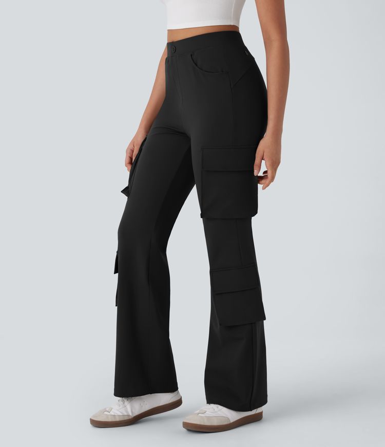 High Waist Pockets Flare Casual Cargo Pants