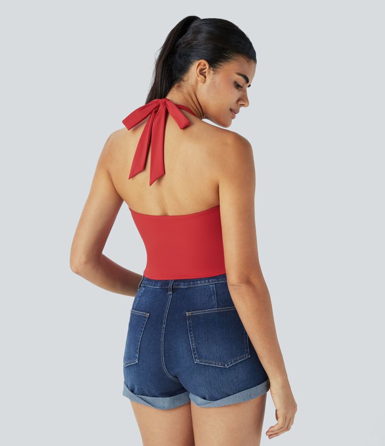 Backless cropped casual tank top with halter neck tie back