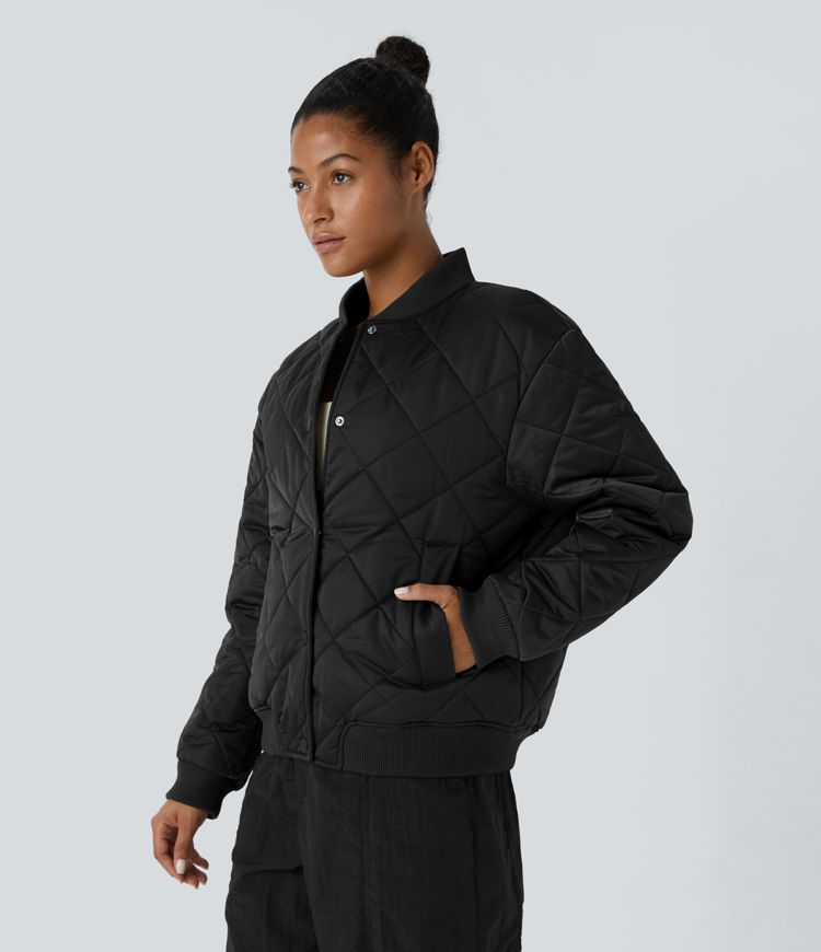 Water Repellent Snap Button Side Pocket Relaxed Casual Baseball Padded Jacket