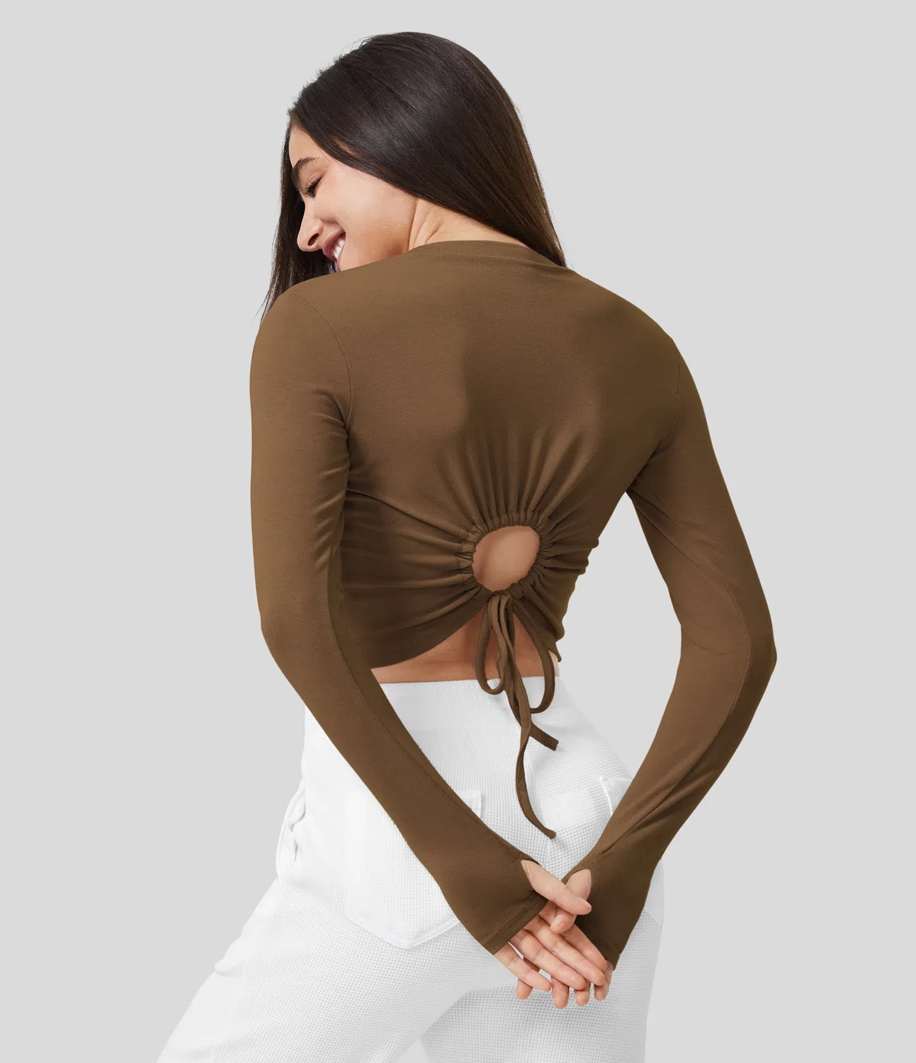 Top algodón recortado ojal del pulgar fruncido cordón acanalado