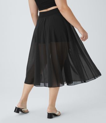 Plus Size Midirock mit hohem Bund aus kontrastierender Netzstoff mit Kordelzug, 2-in-1-Seitentasche