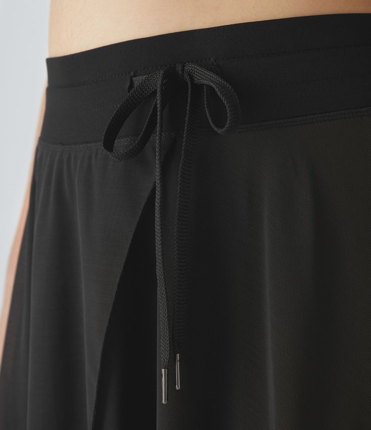 Plus Size Midirock mit hohem Bund aus kontrastierender Netzstoff mit Kordelzug, 2-in-1-Seitentasche