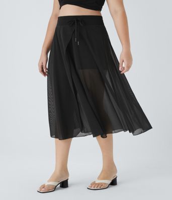 Plus Size Midirock mit hohem Bund aus kontrastierender Netzstoff mit Kordelzug, 2-in-1-Seitentasche