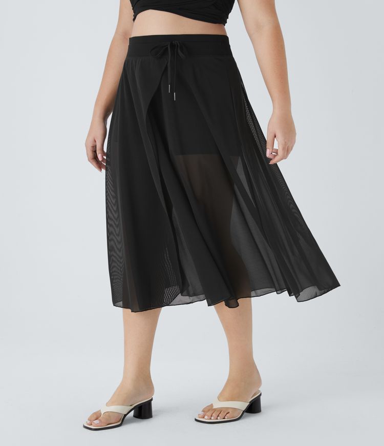 Plus Size Midirock mit hohem Bund aus kontrastierender Netzstoff mit Kordelzug, 2-in-1-Seitentasche