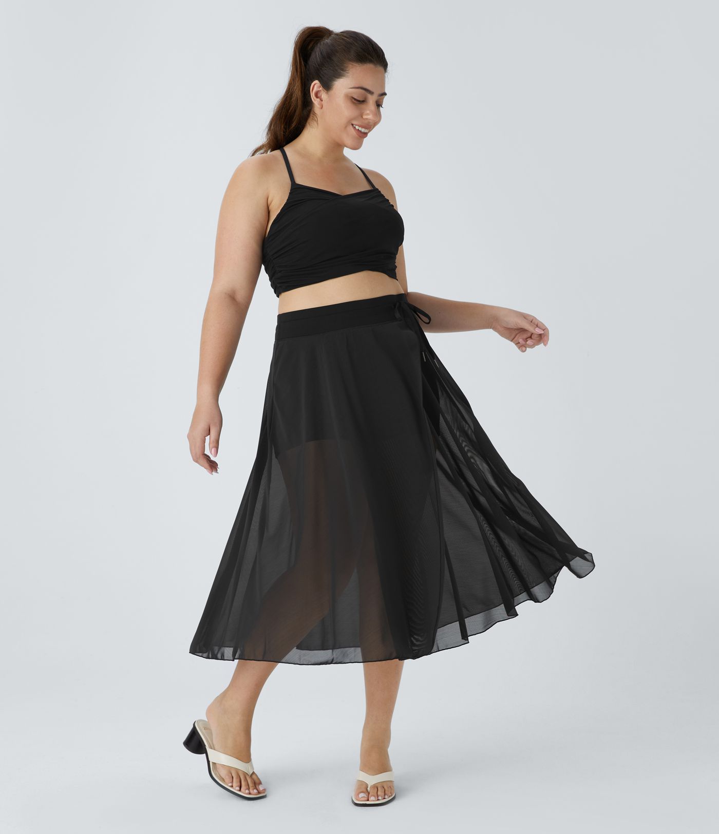 Plus Size Midirock mit hohem Bund aus kontrastierender Netzstoff mit Kordelzug, 2-in-1-Seitentasche