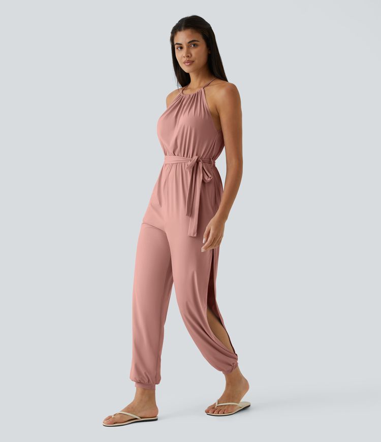 Sleeveless Tie Back Belted Pocket Cut Out InstantCool Jumpsuit-UPF50+