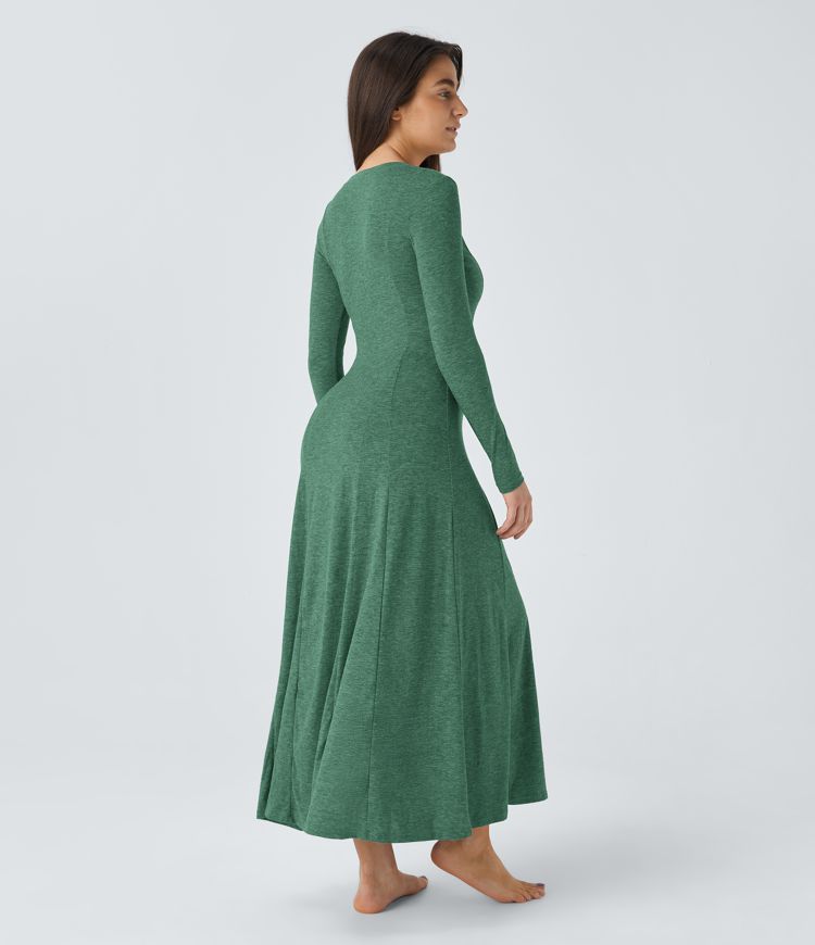 Henley Long Sleeve Flare Maxi Casual Dress