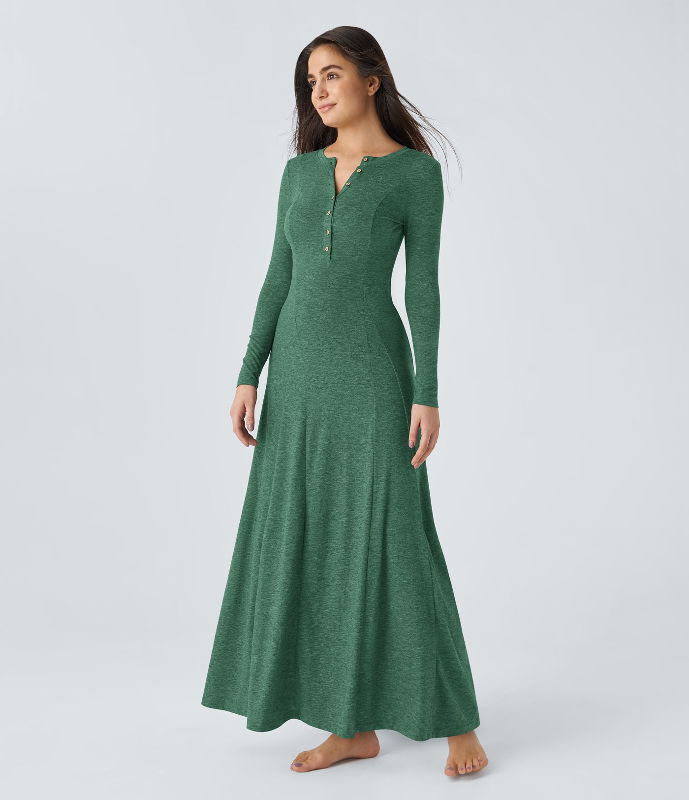 Henley Long Sleeve Flare Maxi Casual Dress