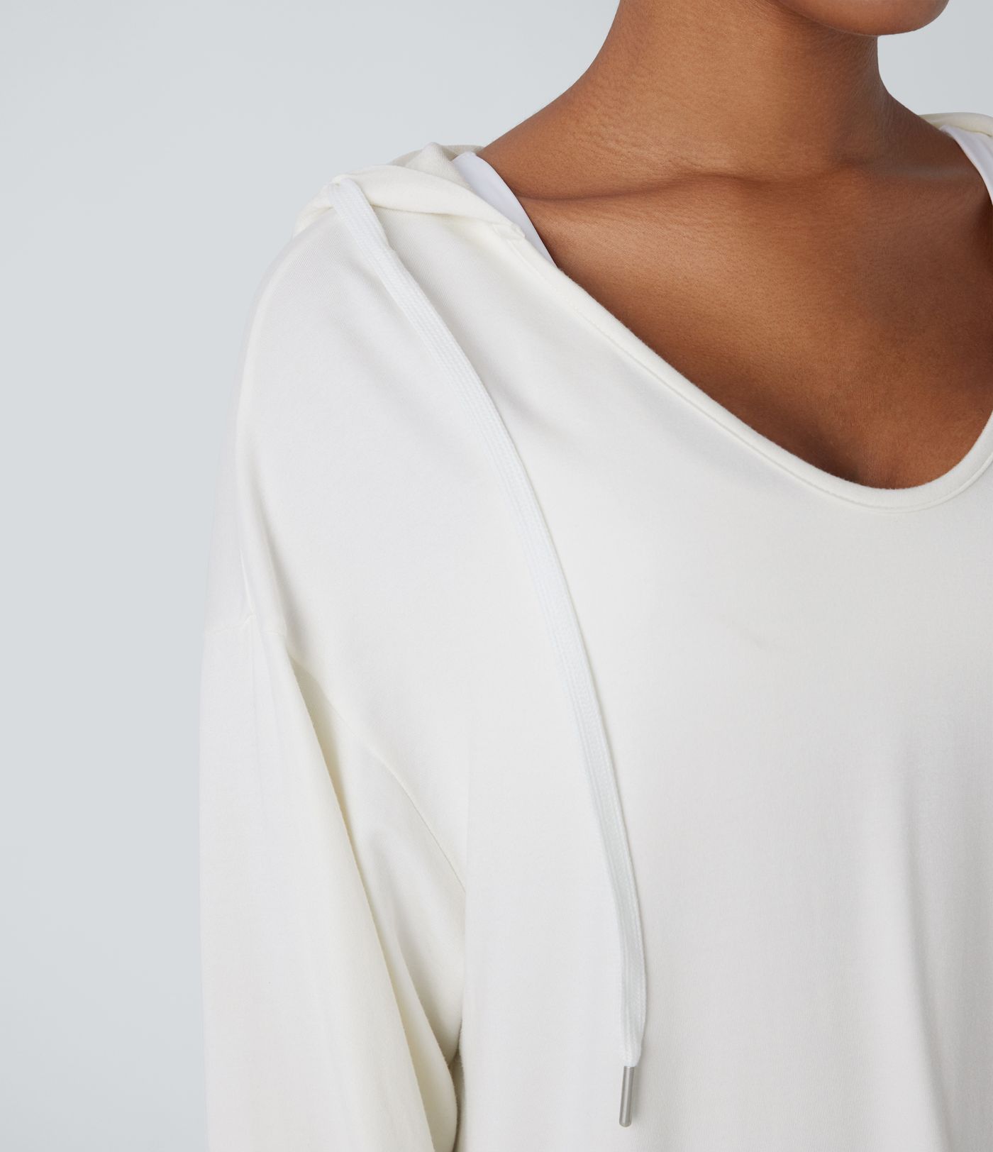 Hooded V Neck Drawstring Thumb Hole Longline Casual Sweatshirt