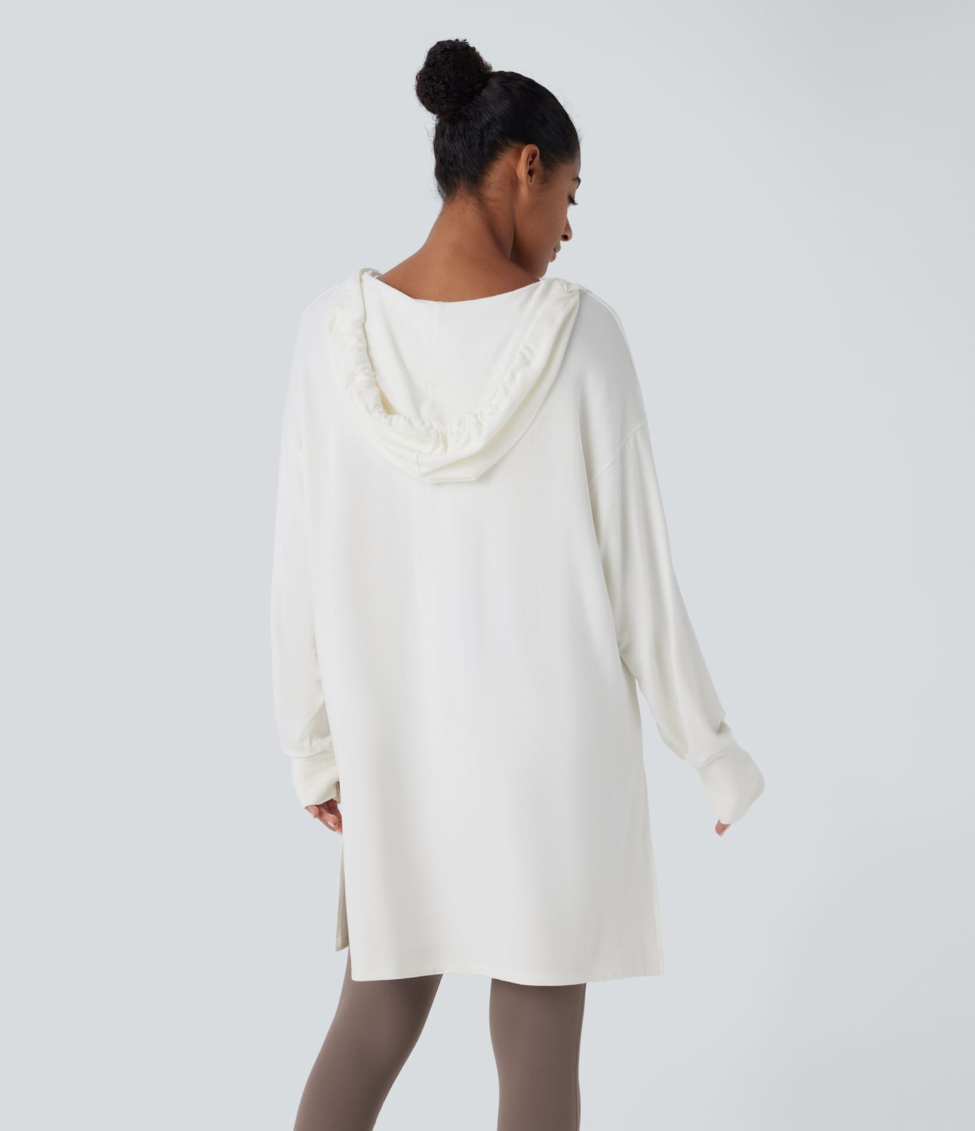 Hooded V Neck Drawstring Thumb Hole Longline Casual Sweatshirt