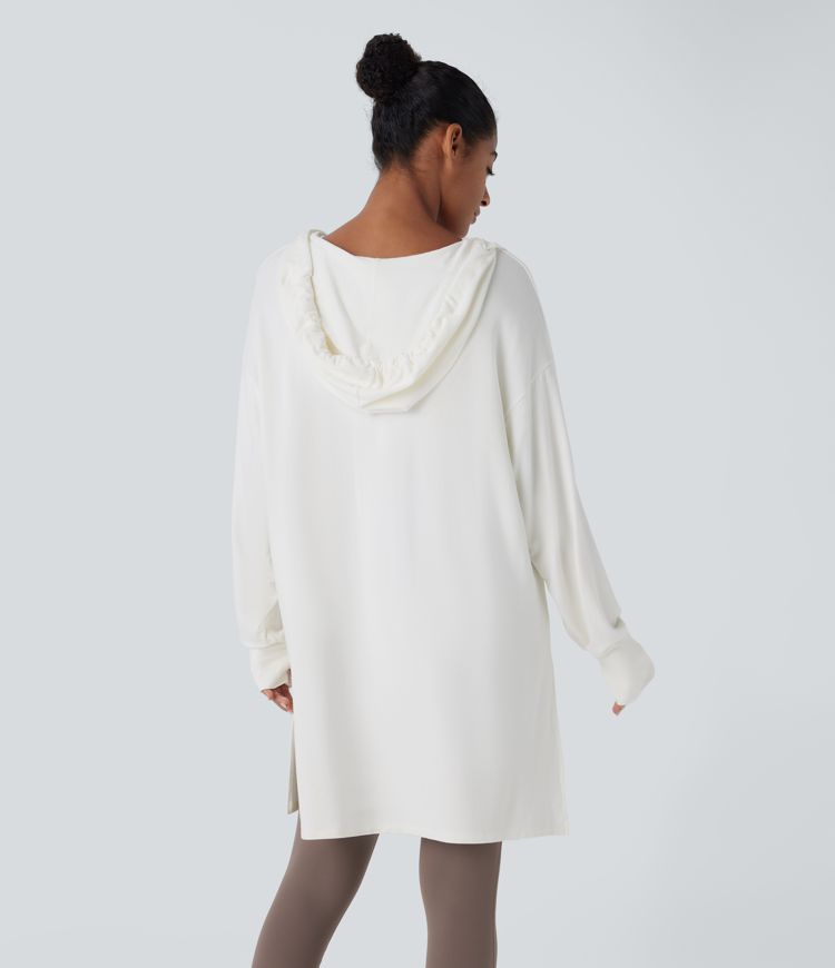 Hooded V Neck Drawstring Thumb Hole Longline Casual Sweatshirt