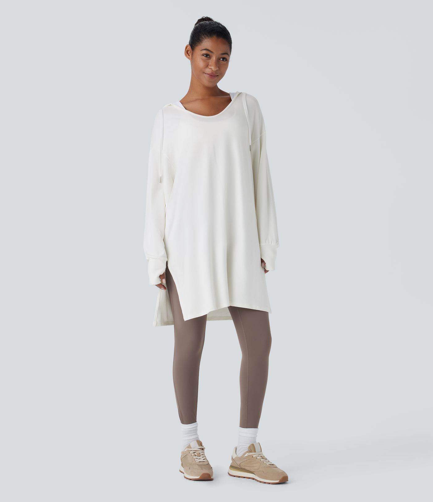 Hooded V Neck Drawstring Thumb Hole Longline Casual Sweatshirt