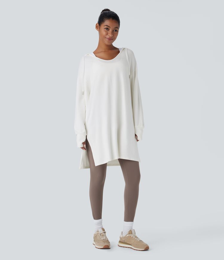 Hooded V Neck Drawstring Thumb Hole Longline Casual Sweatshirt