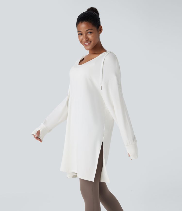 Hooded V Neck Drawstring Thumb Hole Longline Casual Sweatshirt