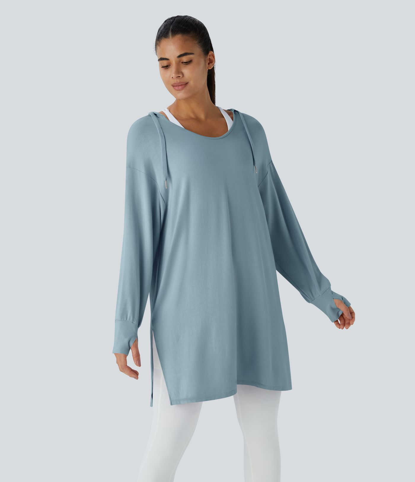 Hooded V Neck Drawstring Thumb Hole Split Longline Casual Sweatshirt