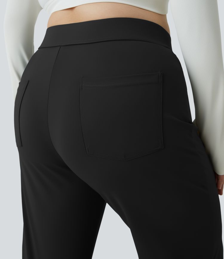 Pantalón tiro alto botón múltiple bolsillo pierna recta talla grande