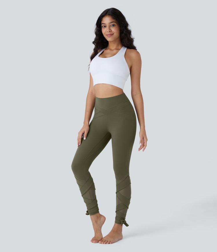 Softlyzero™ High Waist Contrast Mesh Crisscross Lace-Up Yoga 7/8 Leggings - UPF50+