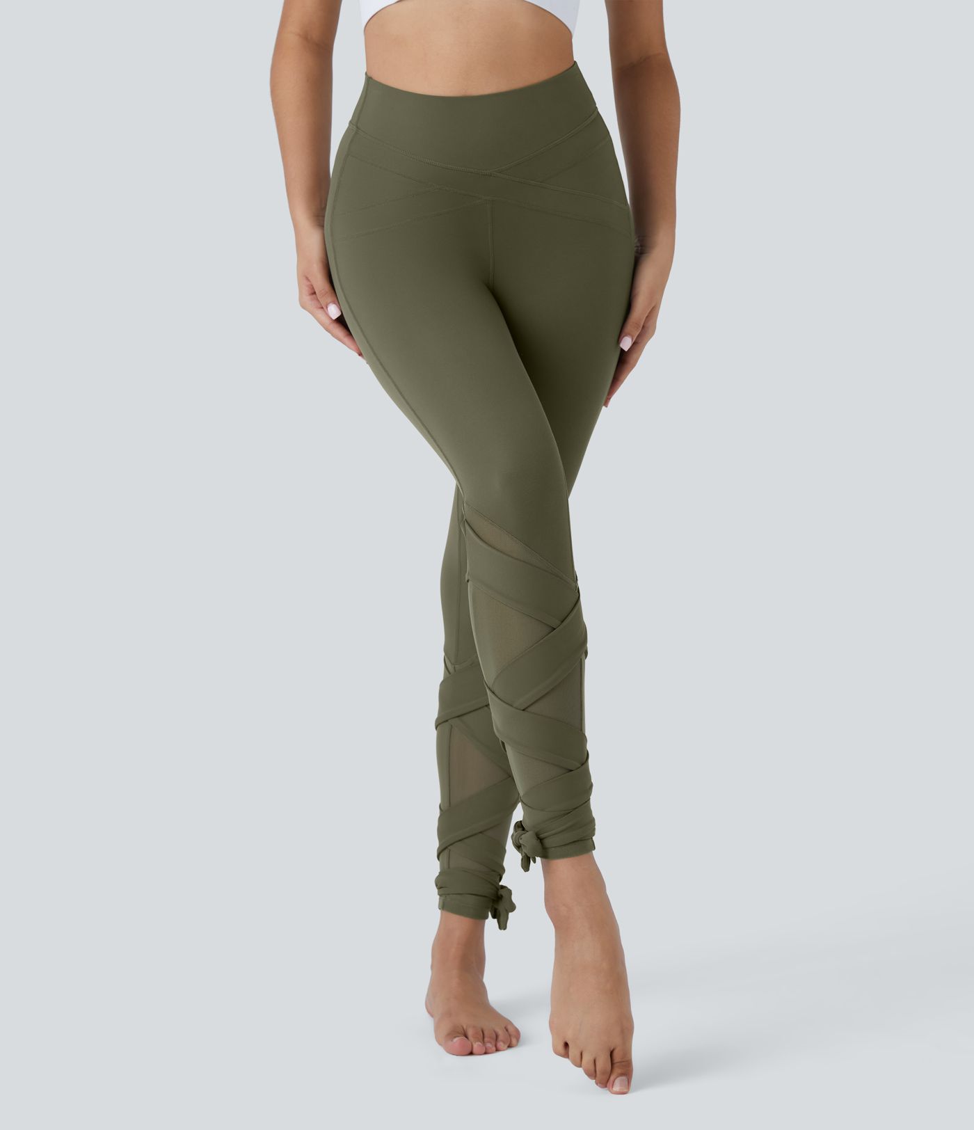 SoftlyZero™ High Waisted Contrast Mesh Lace Up Yoga 7/8 Leggings-UPF50+