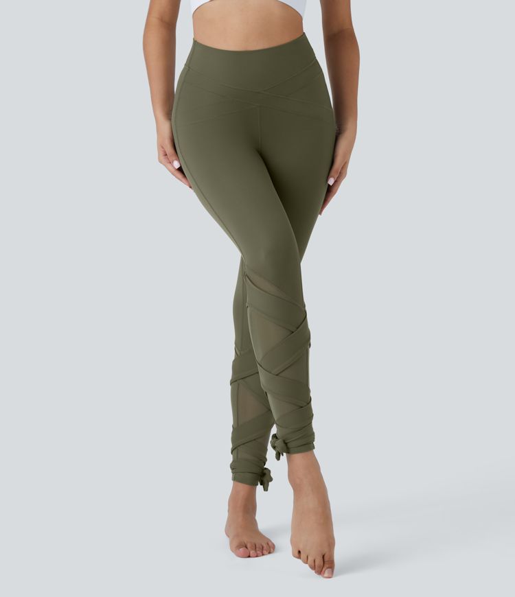 Softlyzero™ High Waisted Contrast Mesh Crisscross Lace Up Yoga 7/8 Leggings-UPF50+