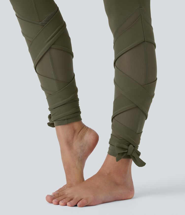 Softlyzero™ High Waist Contrast Mesh Crisscross Lace-Up Yoga 7/8 Leggings - UPF50+