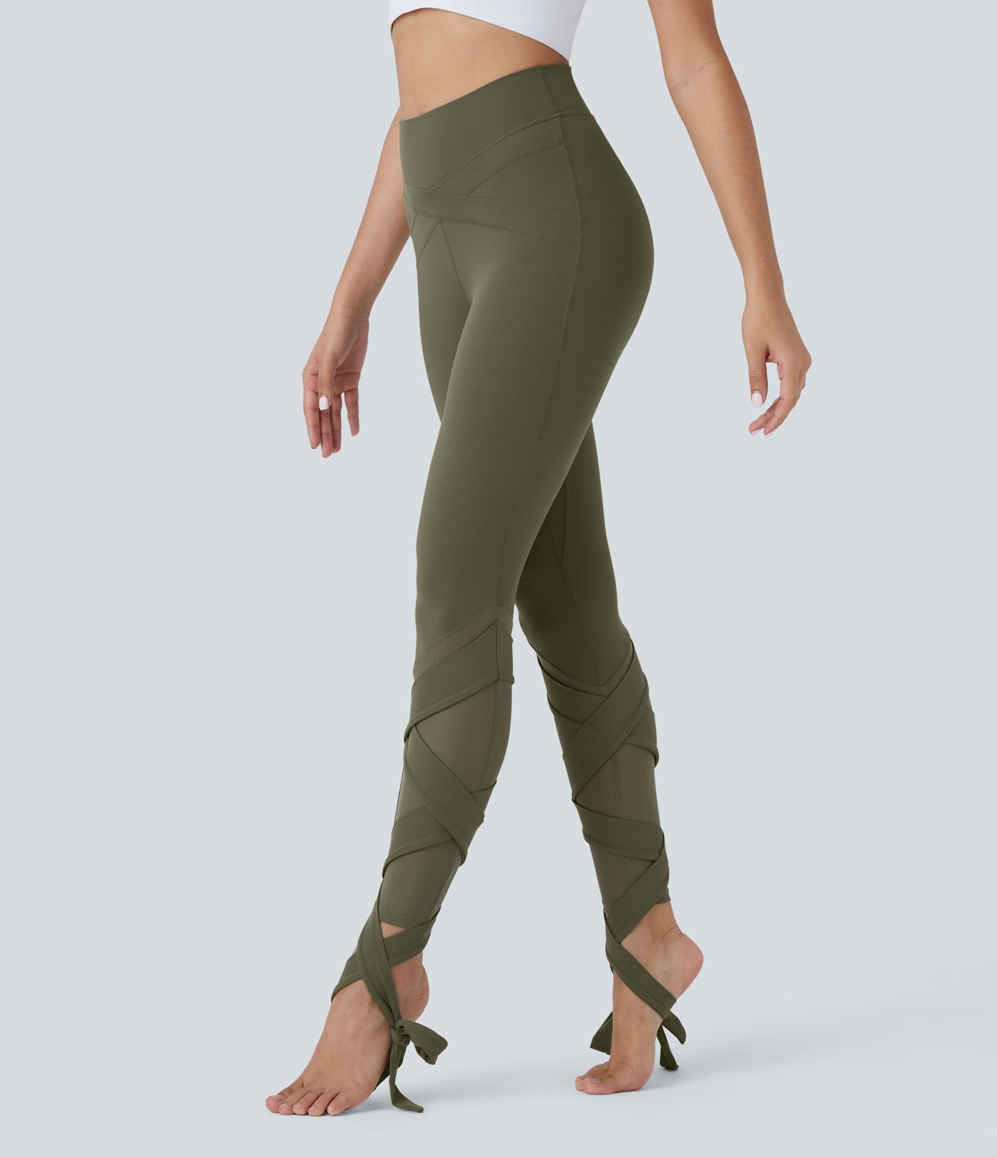 SoftlyZero™ High Waisted Contrast Mesh Lace Up Yoga 7/8 Leggings-UPF50+