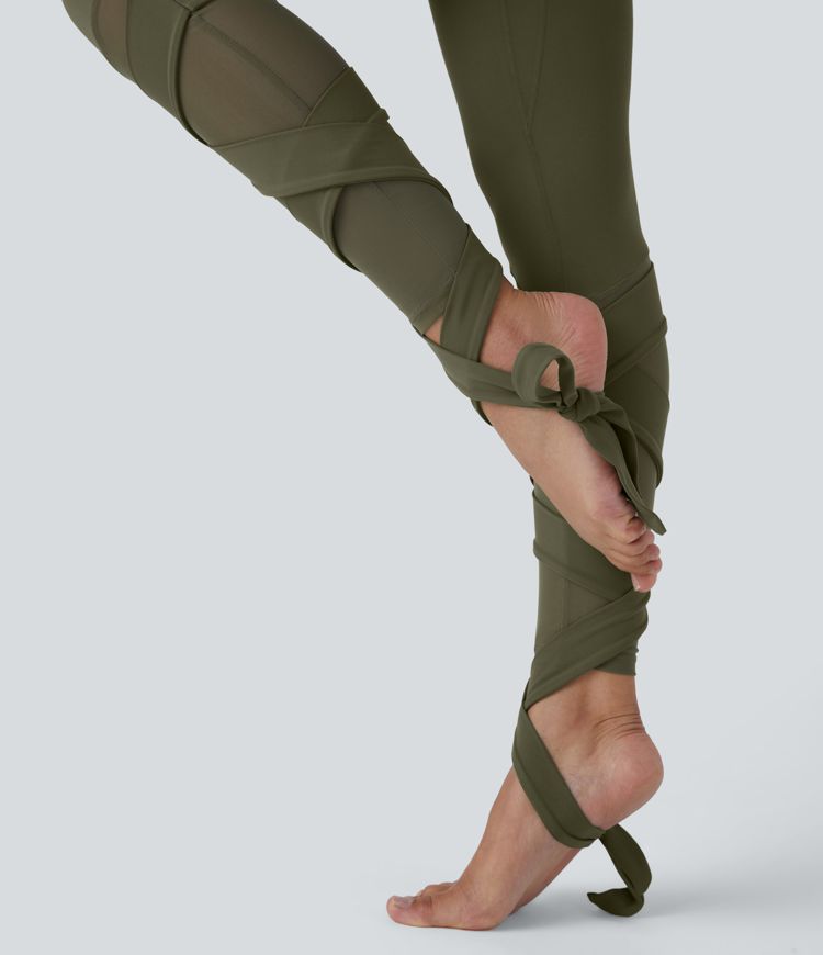 Softlyzero™ High Waist Contrast Mesh Crisscross Lace-Up Yoga 7/8 Leggings - UPF50+