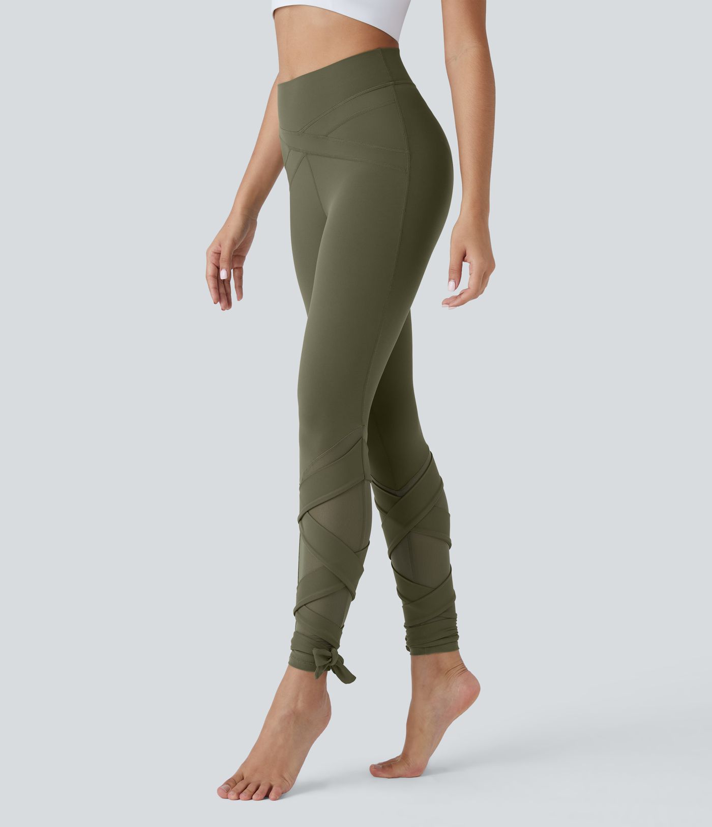 SoftlyZero™ High Waisted Contrast Mesh Lace Up Yoga 7/8 Leggings-UPF50+