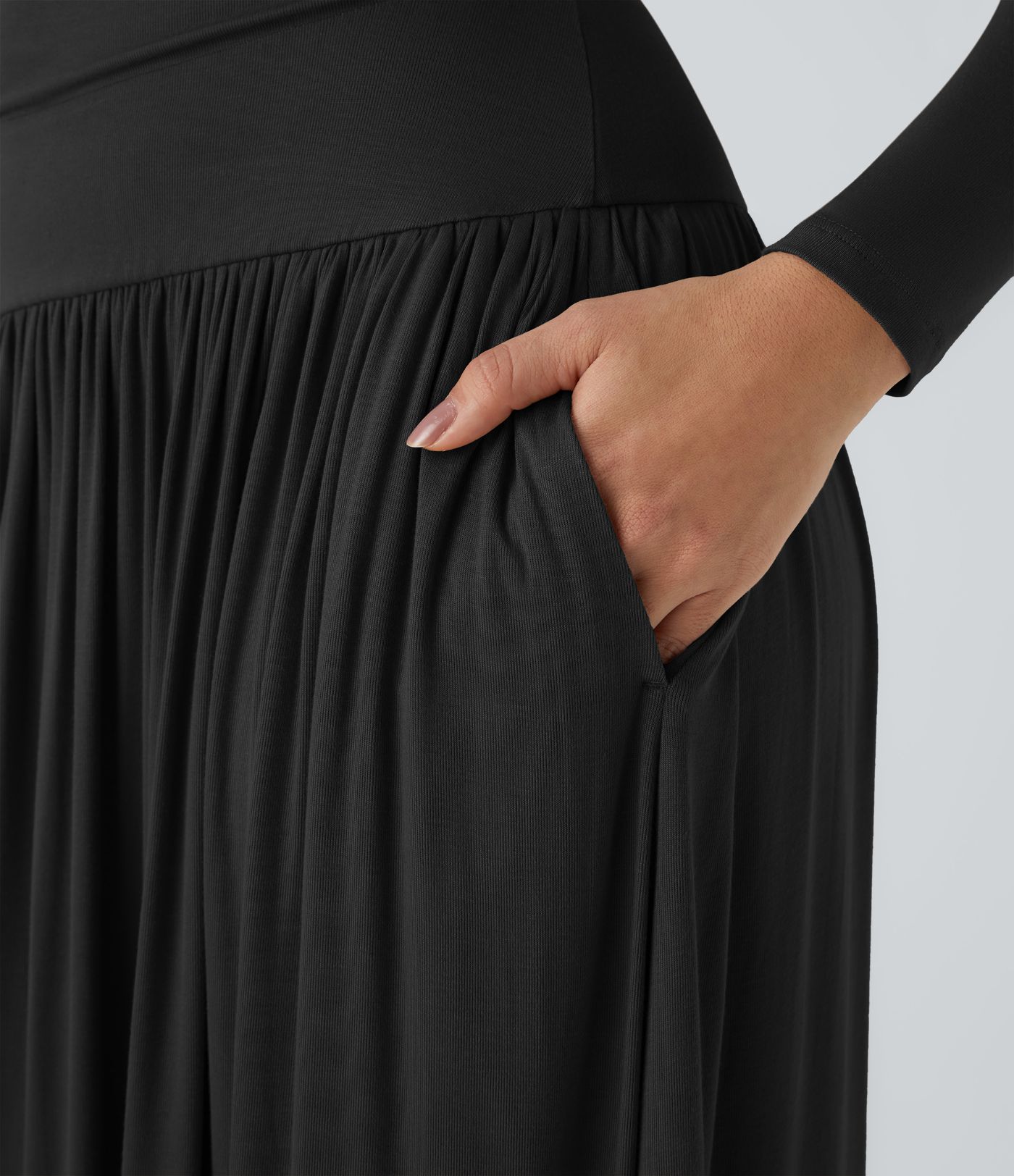 Robe Casual Maxi Fluide Encolure Bateau en Côtes avec Poches Latérales et Froncée