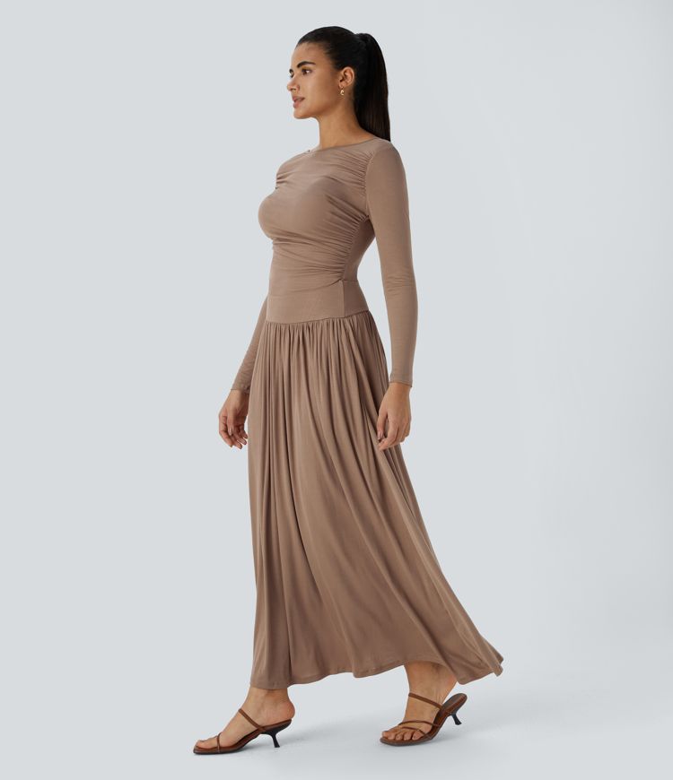 Ribbed Boat Neck Long Sleeve Ruched Side Pocket Flowy Maxi Casual Dress