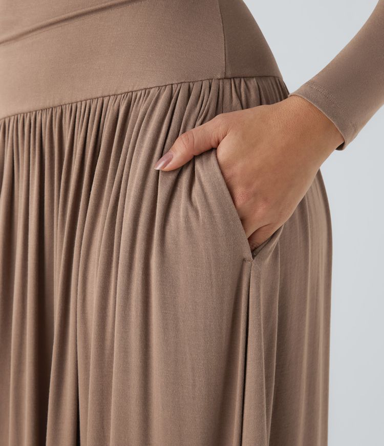 Ribbed Boat Neck Long Sleeve Ruched Side Pocket Flowy Maxi Casual Dress