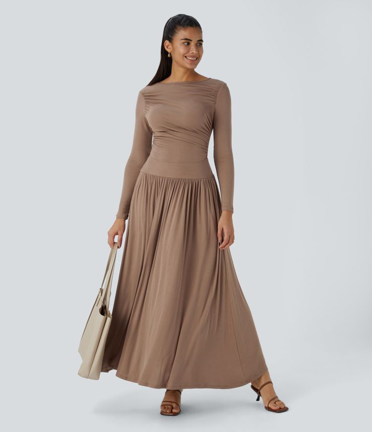 Ribbed Boat Neck Long Sleeve Ruched Side Pocket Flowy Maxi Casual Dress