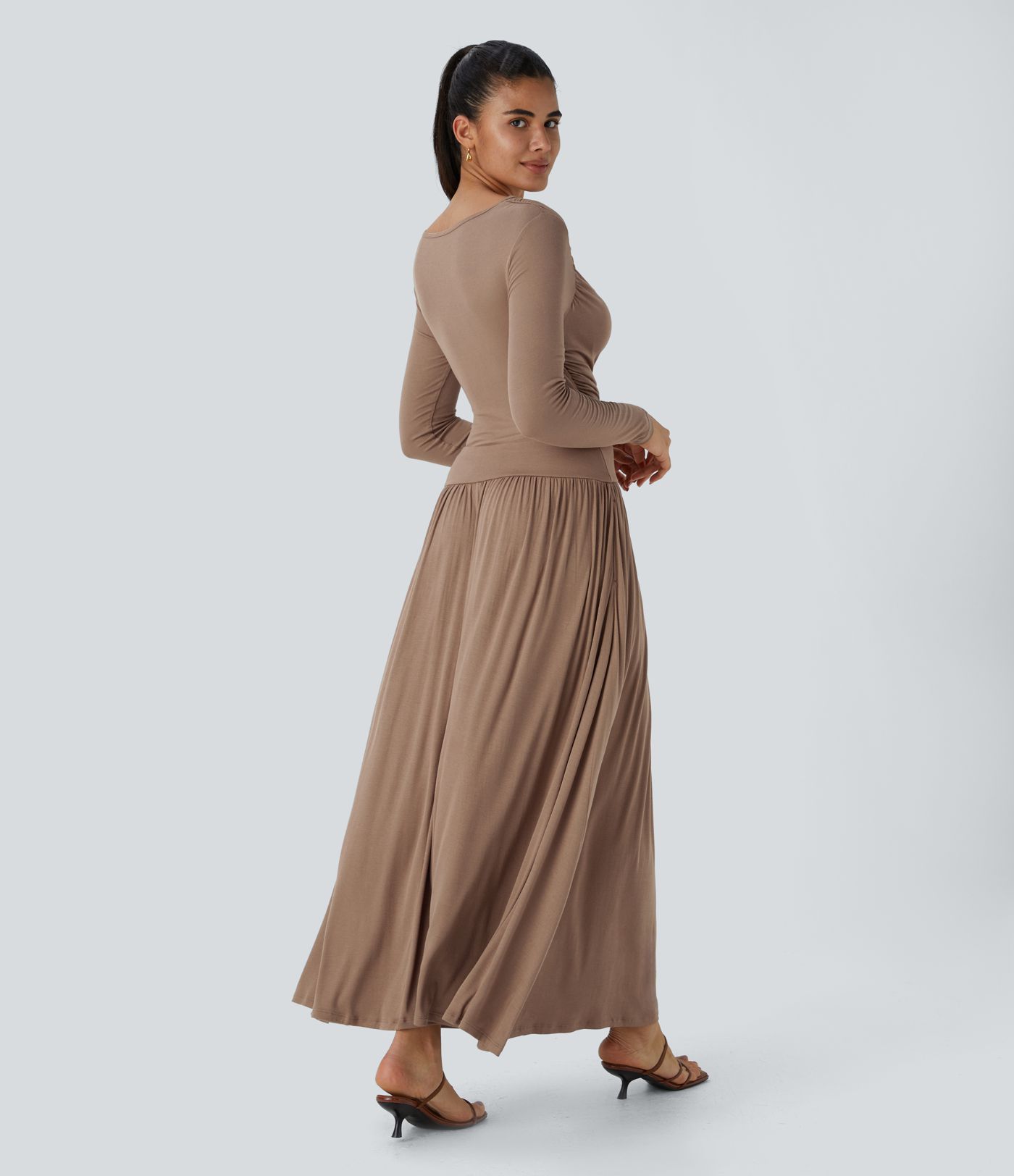 Ribbed Boat Neck Long Sleeve Ruched Side Pocket Flowy Maxi Casual Dress