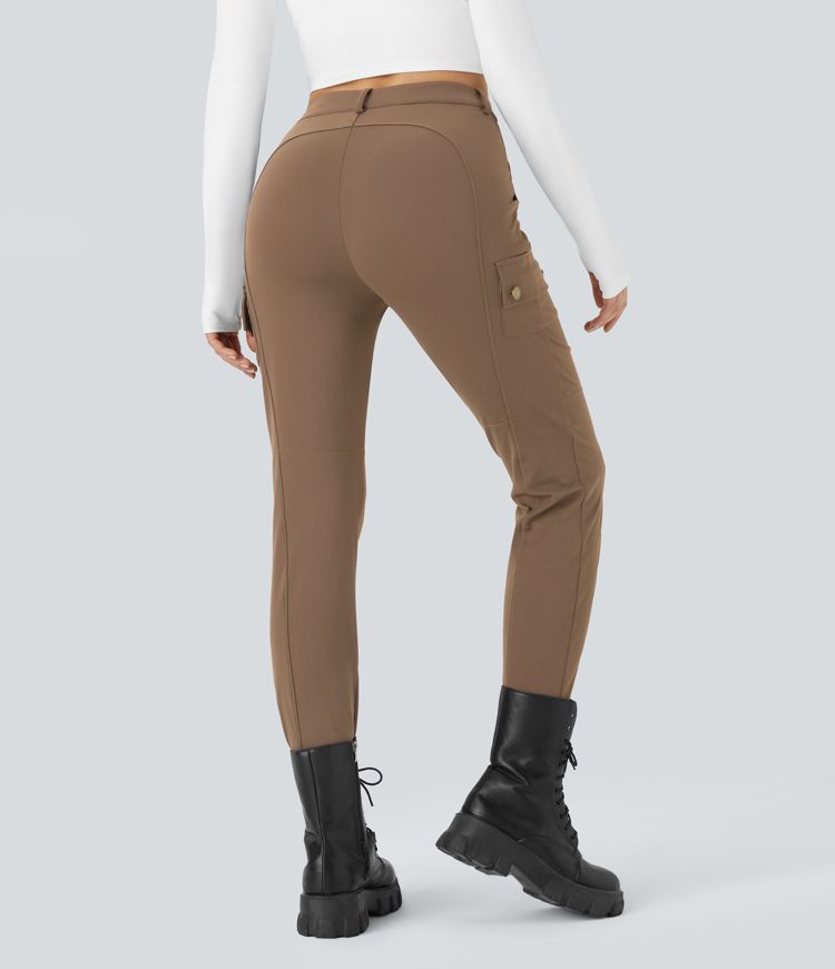 High Waisted Zipper Pockets Solid Skinny Cargo Pants