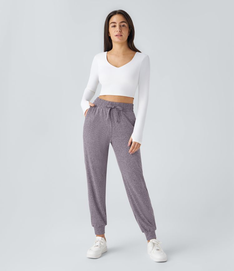 High Waisted Drawstring Pocket Ruched Yoga Joggers with Pockets