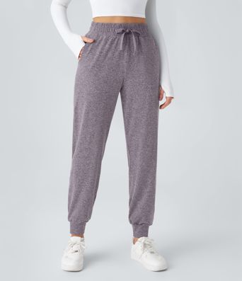 High Waisted Drawstring Pocket Ruched Yoga Joggers with Pockets