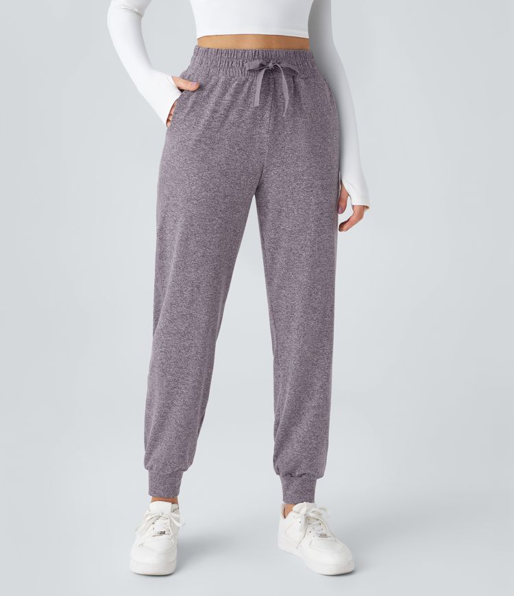 High Waisted Drawstring Pocket Ruched Yoga Joggers with Pockets