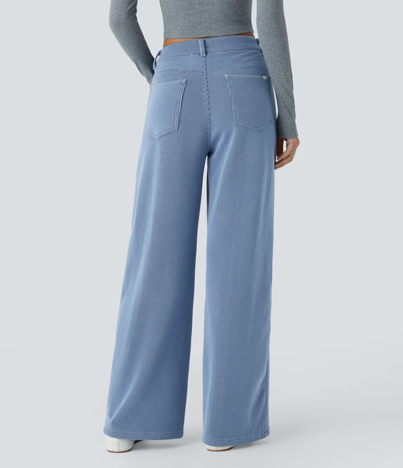 Halara Flex™ Low-Rise Jeans with button, zipper, multiple pockets, waffle texture, stretchy knit fabric, wide leg, casual jeans