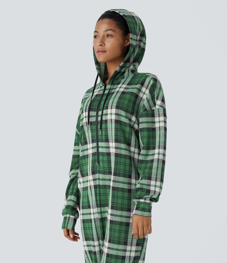 Hooded Drawstring Long Sleeve Zipper Side Pocket Plaid Casual Jogger Jumpsuit