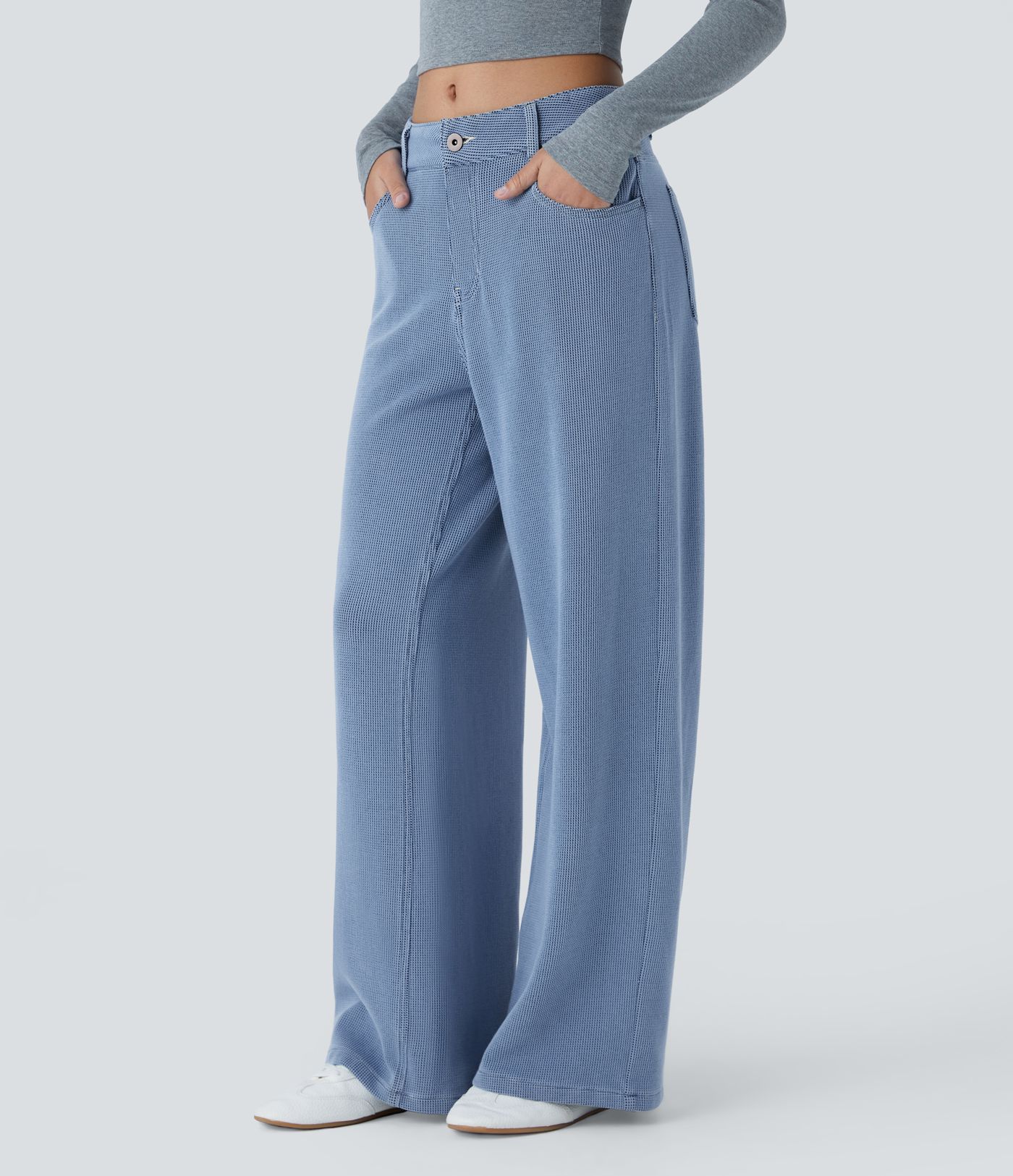 Halara Flex™ Low-Rise Jeans with button, zipper, multiple pockets, waffle texture, stretchy knit fabric, wide leg, casual jeans