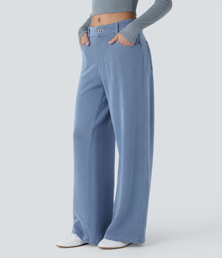 Halara Flex™ Low-Rise Jeans with button, zipper, multiple pockets, waffle texture, stretchy knit fabric, wide leg, casual jeans