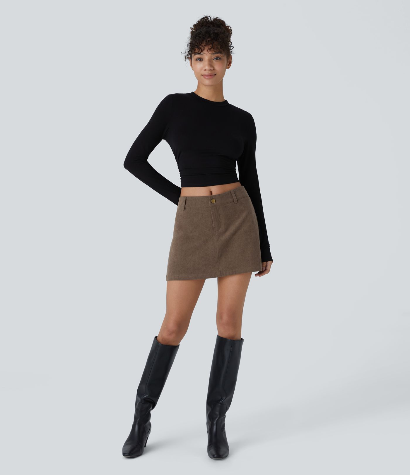 Mittlere Taille Reißverschluss 2-in-1 A-Linie Mini Casual Cordrock