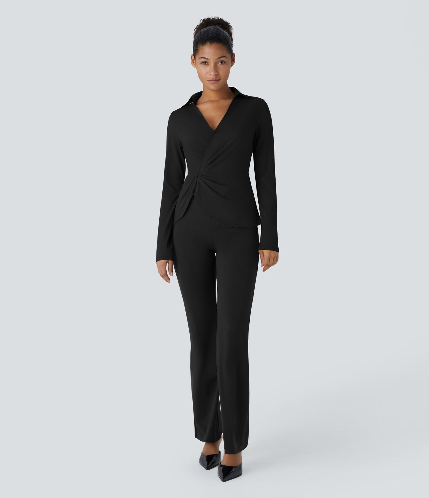 Collared V-neck invisible button long sleeve asymmetrical hem work shirt