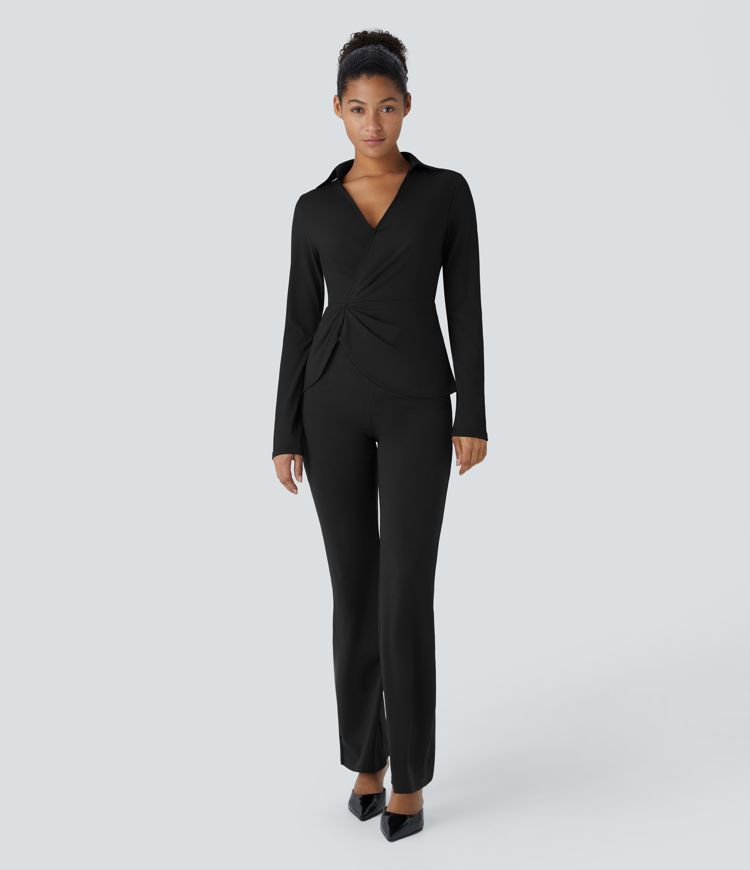 Collared V-neck invisible button long sleeve asymmetrical hem work shirt