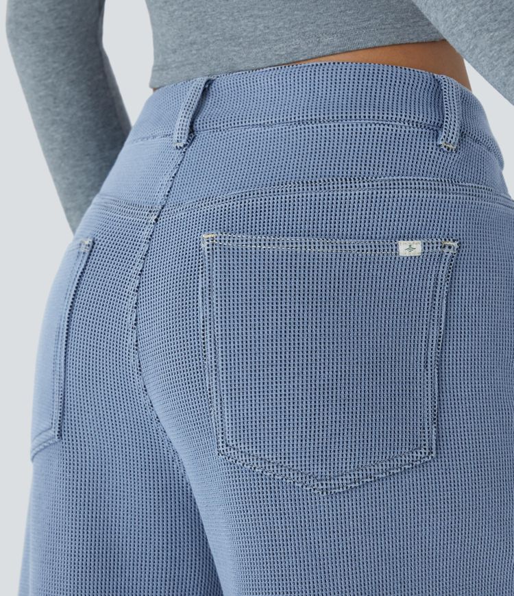 Halara Flex™ Low-Rise Jeans with button, zipper, multiple pockets, waffle texture, stretchy knit fabric, wide leg, casual jeans