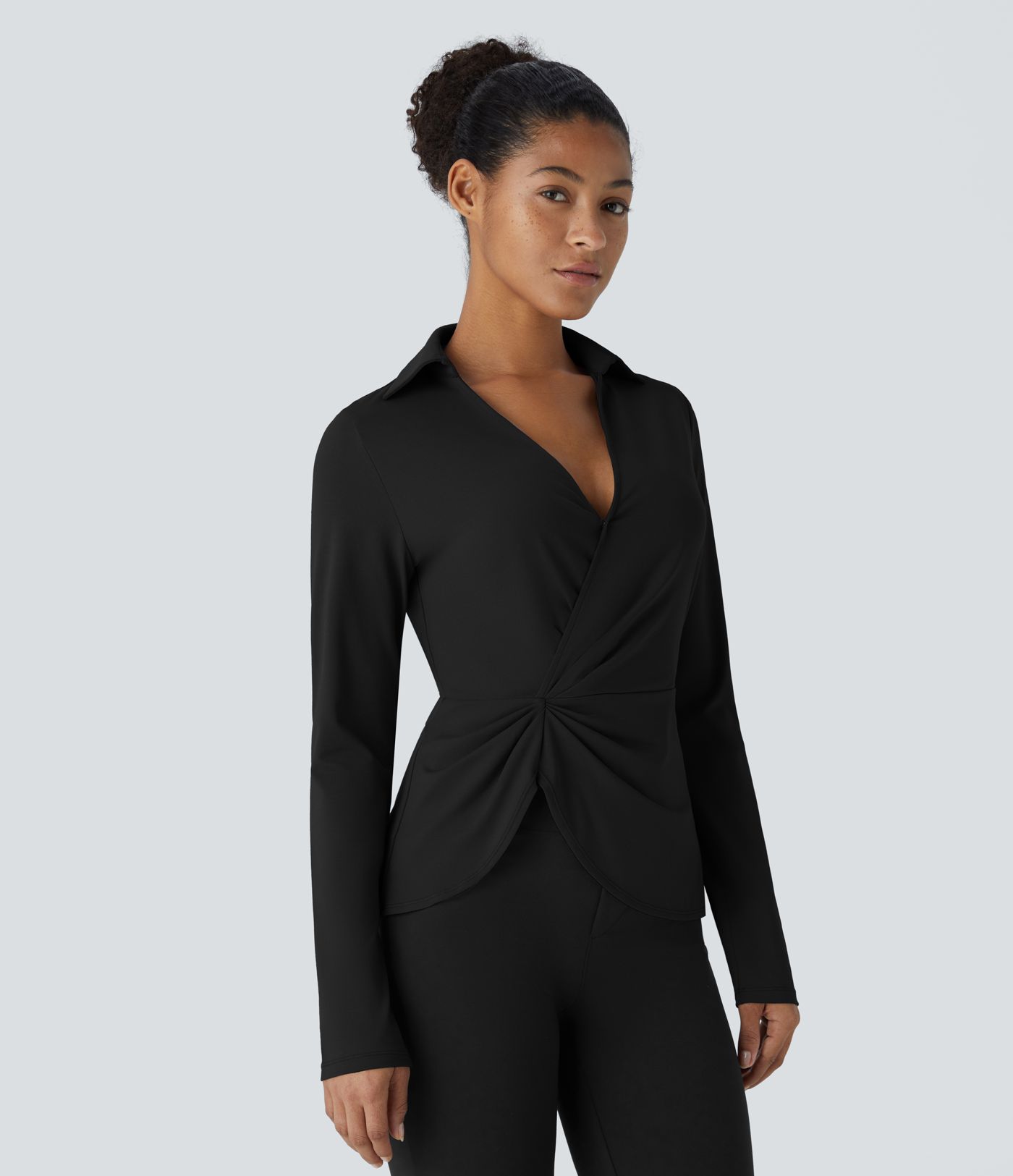 Collared V-neck invisible button long sleeve asymmetrical hem work shirt