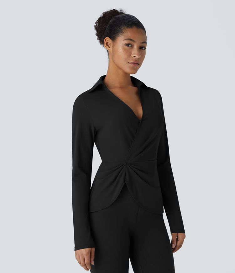 Collared V-neck invisible button long sleeve asymmetrical hem work shirt