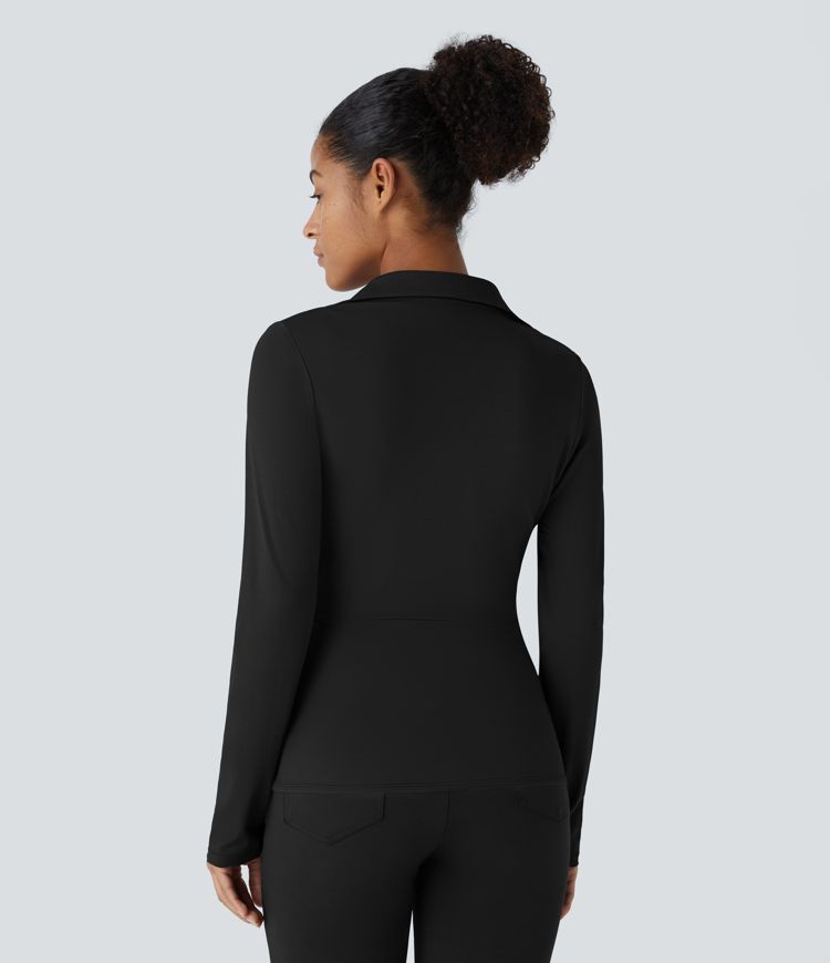 Collared V-neck invisible button long sleeve asymmetrical hem work shirt